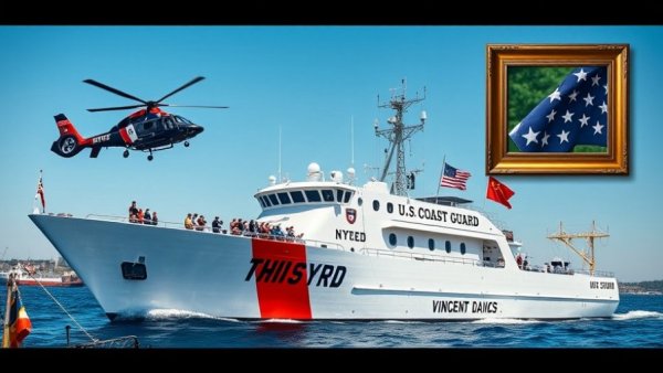 US Coast Guard search and rescue ship 'Vincent Danz' with helicopter.