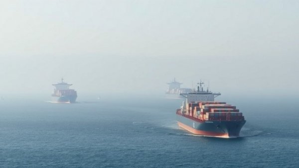 Cargo ships in the Strait of Hormuz under hazy sky.