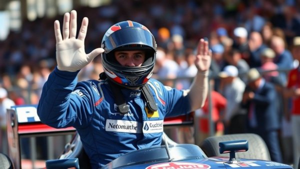 Race car driver waving at an event, bright atmosphere.