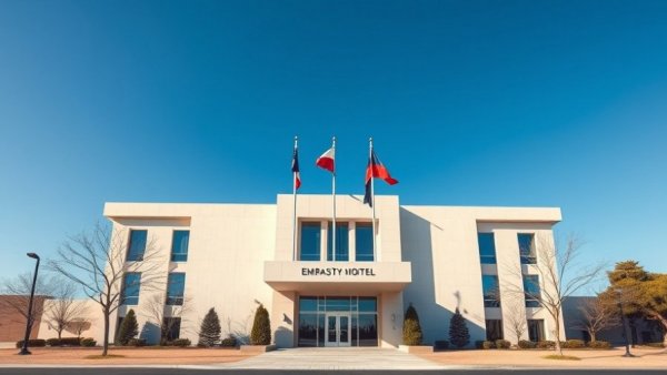 Embassy building with flags, symbolizing green card application process.