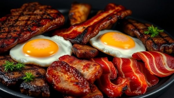 Vitamin D absorption practices: Cooked meats and eggs display.