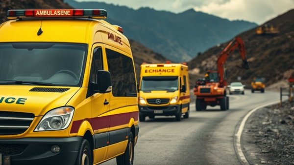 Emergency response after China coal mine explosion, ambulance on road.