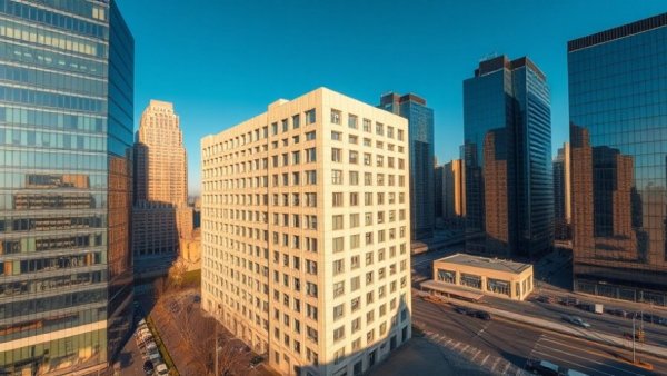 Aerial cityscape view of Harris County buildings discussing vacant properties costs.