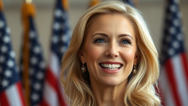 Portrait of a confident blonde woman with flags in background.