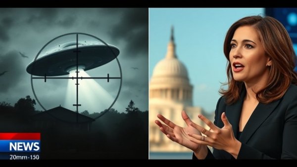 UFO file transparency news split image with UFO footage and unidentified woman speaking.
