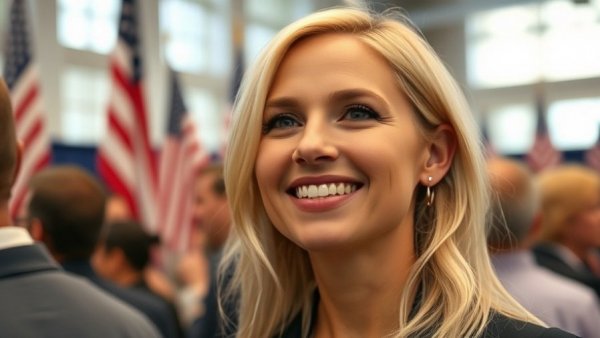 Ivanka Trump smiling at an event with American flags in the background.