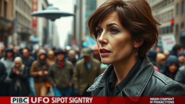 UFO sighting next to a woman speaking, news setting.