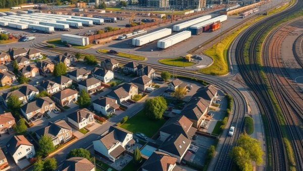 Aerial view of suburban and industrial area in Orange County.