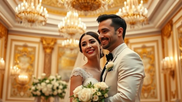 Wedding celebration with smiling couple in elegant ballroom