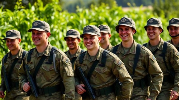 Confident Marines marching outdoors in bright daylight.
