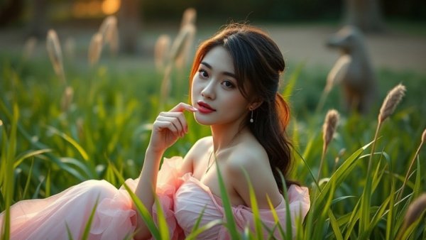 Elegant young woman in pink gown posing thoughtfully in nature.