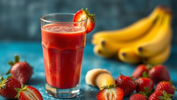 Healthy strawberry banana smoothie on blue surface with fruits.