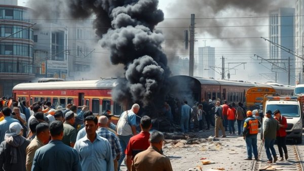 Chaotic scene of crowd around derailed train after Pakistan train bombing.