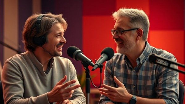 Animated couple discussing pregnancy at 48 in a podcast setting.