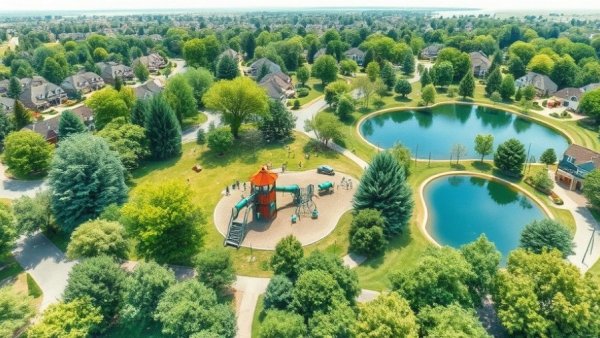 Aerial view of Katy Legacy Prairie Park with playground and lake.