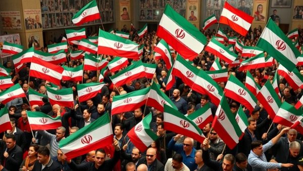 Crowd waving Iranian flags in large indoor gathering with posters.