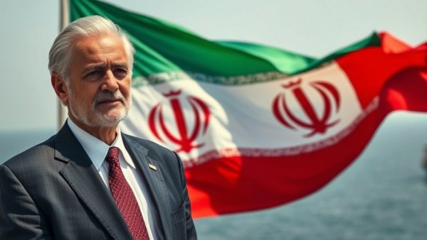 US says Iran strikes were self defense with Iranian flag and serious man by ocean.