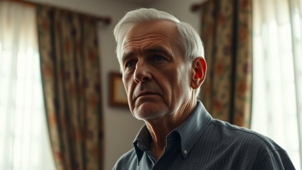 Older man attentively standing indoors with patterned curtains, soft light.