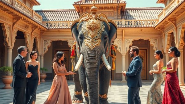 Group interacting with an elephant in a sunny courtyard, Marco Rubio elephant greeting.