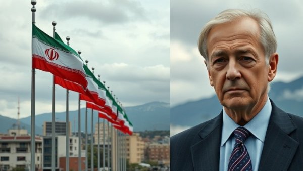 Split image of Iranian flags and a serious man, relevant to news in the US.