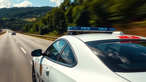 White police car speeding on highway with greenery.