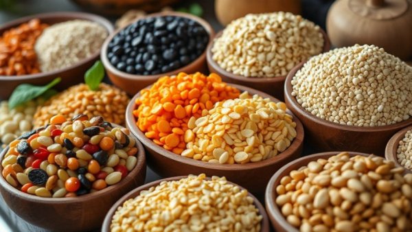 Assorted legumes and grains in bowls help reduce high blood pressure risk.