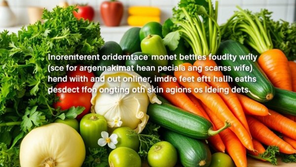 Assortment of vegetables with text on skin health for seniors.