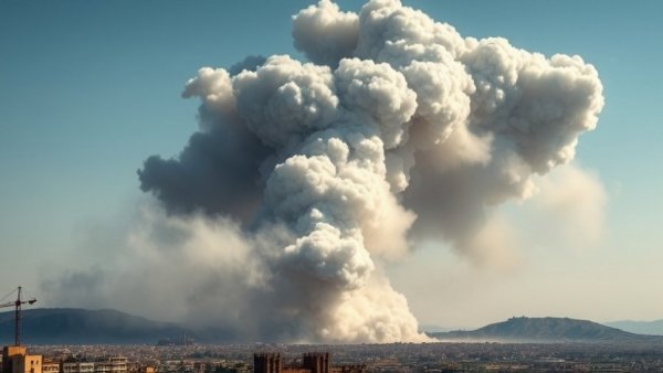 Israel strikes Hezbollah targets, large smoke cloud over city.