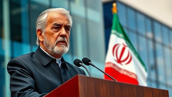 Iran US Military Strategy: Man at podium and Iranian flag.