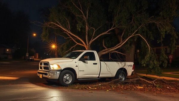 Hurricane preparedness in Houston: Damaged truck under fallen tree branches.