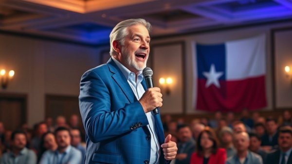 Texas news event with speaker on stage and Texas flag.