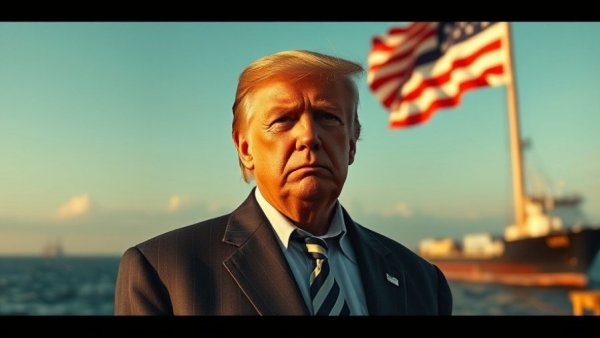 US political figure with Iranian flag near commercial shipping.