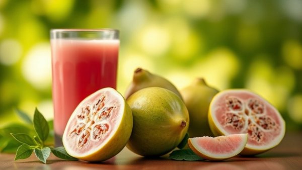 Fresh guavas and a glass of pink guava juice outdoors, vibrant setting.
