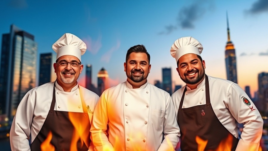 Dallas dining events poster showcasing 'FLAVORS ON FIRE' with chefs and city skyline.