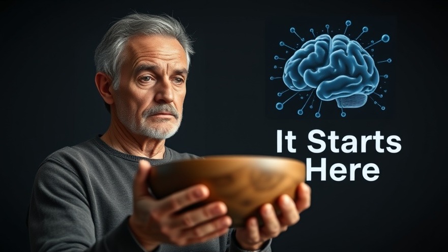 Middle-aged man with bowl and brain illustration, memory loss and blood sugar.