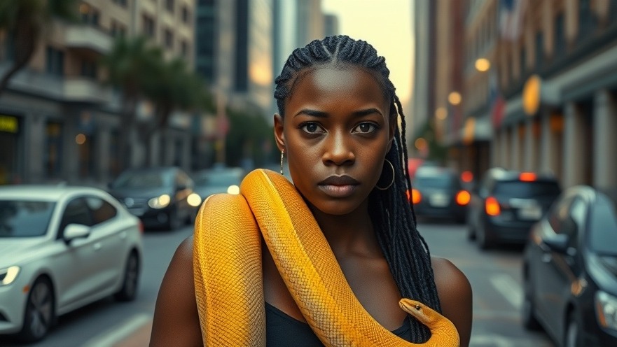 Young black woman with a yellow snake in an urban setting, reflecting athlete mental health.