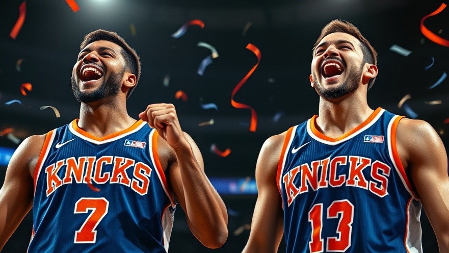 Ecstatic Knicks players celebrate during NBA playoffs analysis with confetti.
