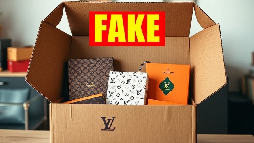 Open box of counterfeit luxury goods labeled 'FAKE' in vibrant colors for Dallas luxury market.