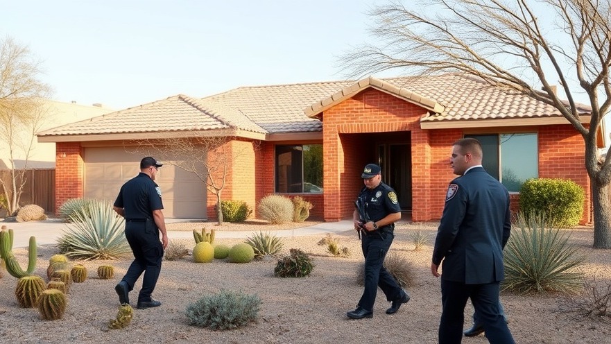 Police conducting an abduction investigation near a ranch-style house in the desert.
