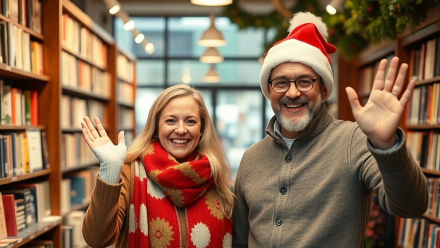 Holiday book recommendations: Festive couple video chatting in kitchen