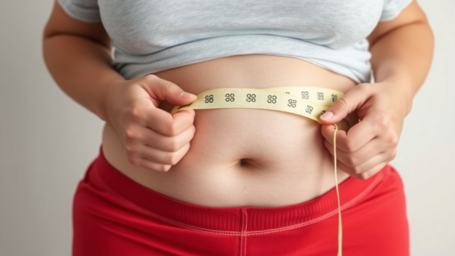 Obese woman measuring her waist, exploring Houston wellness resources.