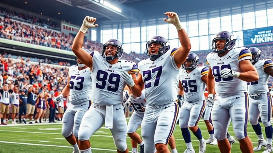 Minnesota Vikings players celebrate in white uniforms during NFL playoffs amidst cheering fans.