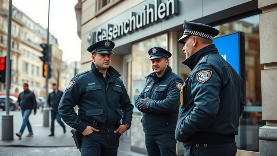 Police officers discussing outside Gelsenkirchen bank after organized crime bank heist.