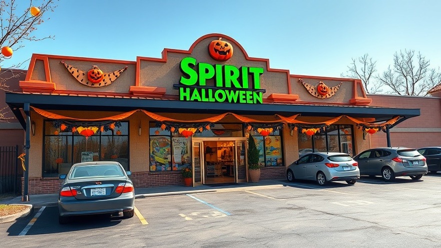 Vibrant Spirit Halloween store in Dallas showcasing festive banners, perfect for local Halloween traditions.