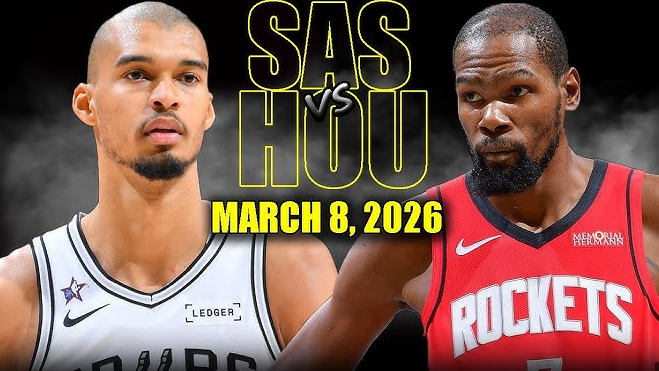 San Antonio Spurs vs Rockets game poster for highlights.