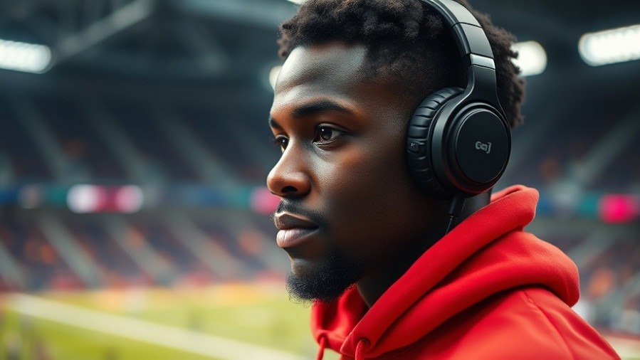 Focused young man in a red hoodie with headphones, contemplating NFL news and fantasy football picks.