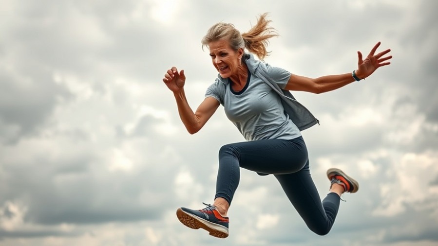 Energized senior woman jumping outdoors, promoting bone density and active lifestyle.