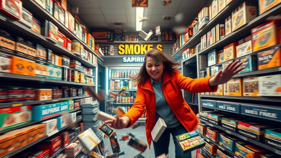 Dynamic smoke shop scene showing chaos amid small business challenges in Austin crime news.