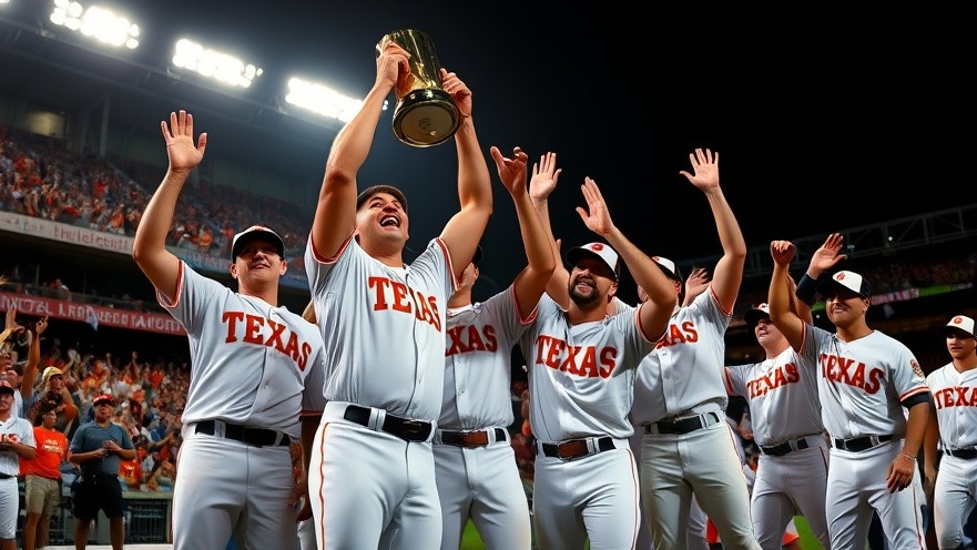Texas Longhorns baseball team celebrating victory with trophy in dark stadium.