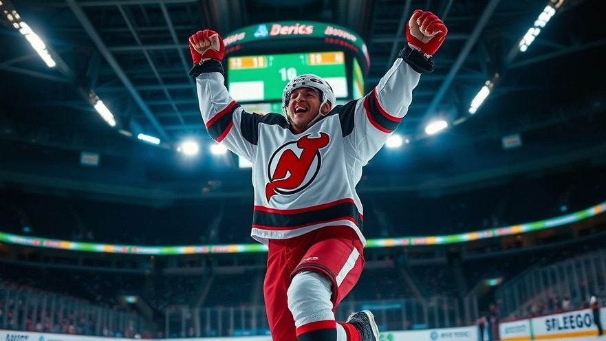Excited New Jersey Devils player celebrates on ice, showcasing NHL highlights.